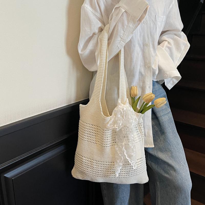 Yogodlns Summer Beach Tote Bag Women New Fashion Hollow Out Weave Shoulder Bags Female Lace Decorate Handbags