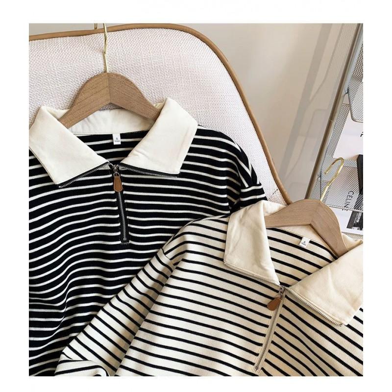 Womens Oversized Polo Collar Striped Zip-Up Sweatshirt Long Sleeve Casual Top Fall