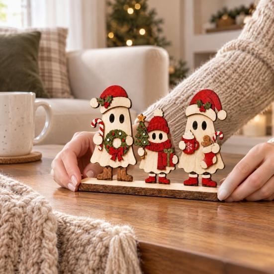 Decorative Ghost Statue for Mantel 3Pcs Wooden Christmas Ornaments with Stable Base Tabletop Holiday Entryway Cabinet Decorations Decor, 2D Flat Cute