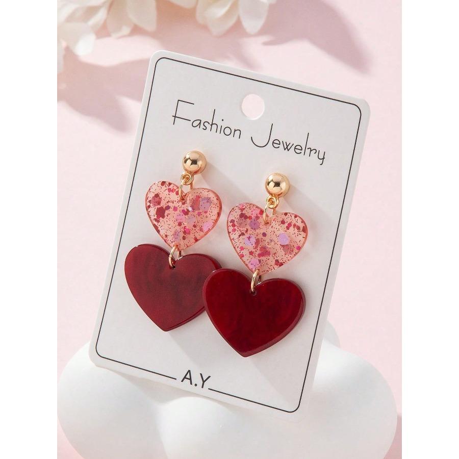 1 Pair Acrylic Romantic Valentine's Day Colorful Sequin Red Heart Design Earrings Perfect Gift For Ladies