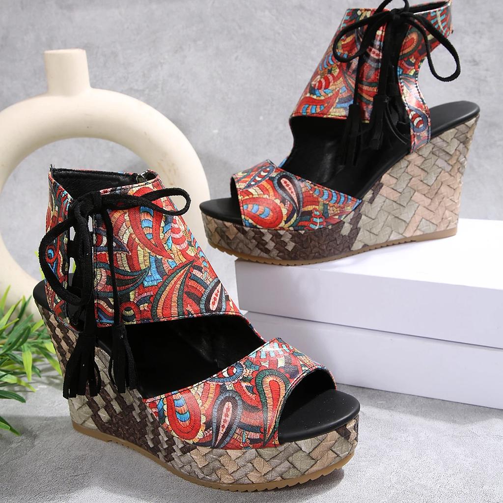 Damskie Sandały Klinowe Rekreacyjne Rzymski Splot Wodoodporne Sandały Platformowe Damskie Sandały Frędzle Wysokie Obcasy Buty Damskie Sandalias De Mujer