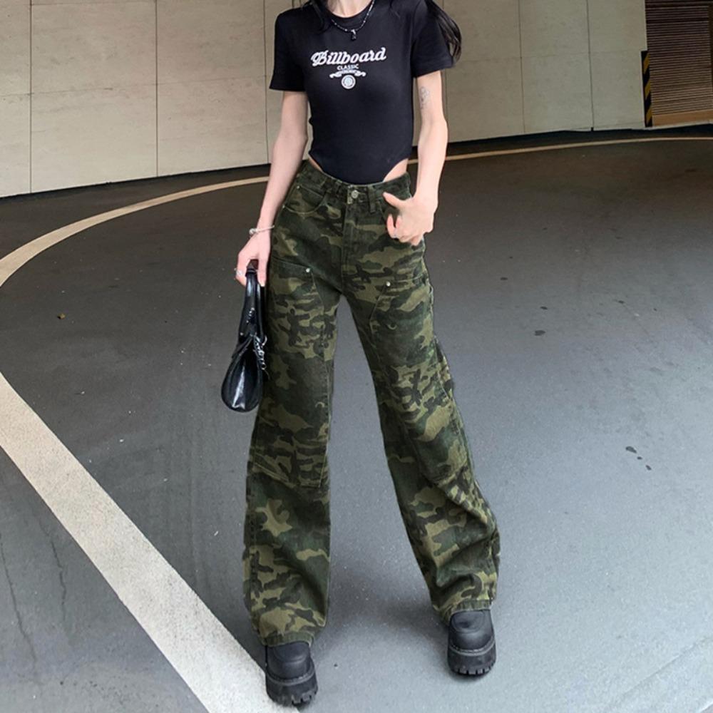 Korean Version of Versatile Camouflage Tooling Jeans for Women's Spring and Autumn Spice Girls High-waisted Straight Loose Wide-leg Jeans