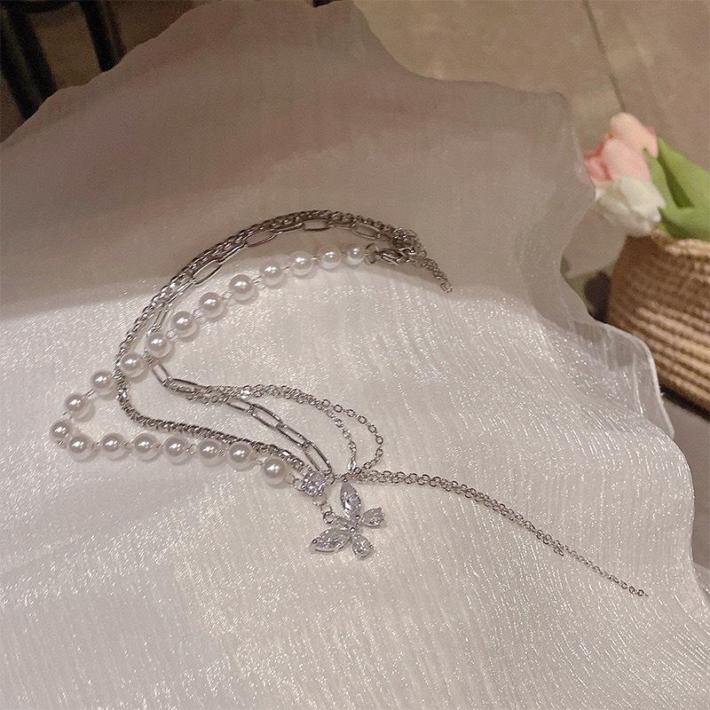 Super Fairy Zircon Butterfly Splicing Pearl Necklace High Sense Niche Simple Long Fringed Chain Collarbone Chain Tide