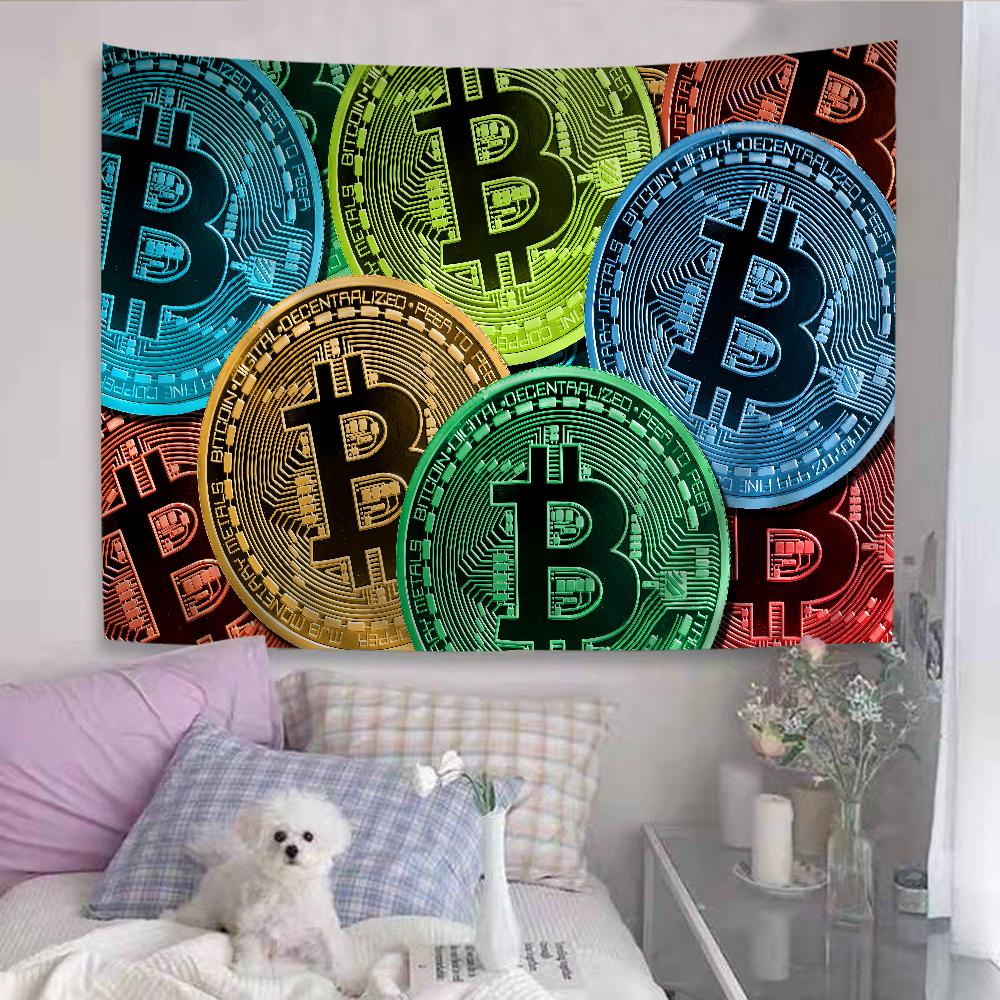 Virtual Currency Bitcoin Colorful Tapestry Wall Hanging Hippie Flower Wall Carpets Dorm Decor Wall Art Decor