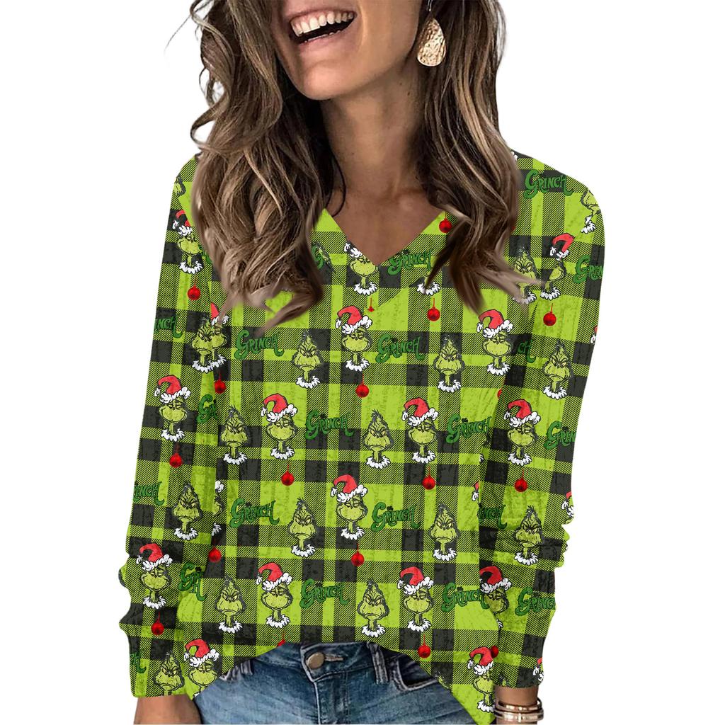 Women's Fashionable Loose-Fit V-Neck Long-Sleeved T-Shirt Christmas Print Pullover