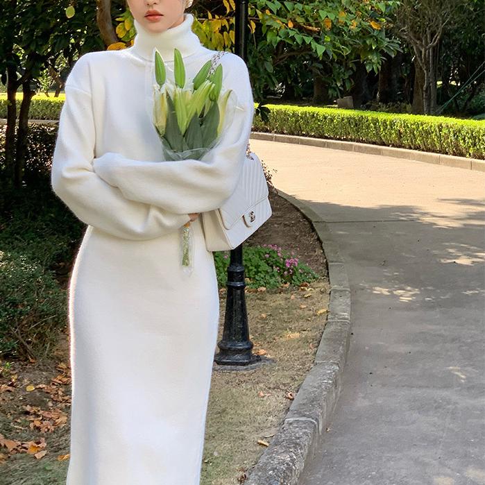 Rochie de damă cu gât roscat Pulover cu mânecă lungă Rochii cu tricot femei talie înaltă subțire toamnă iarnă pulover tricotat halat lung Nou