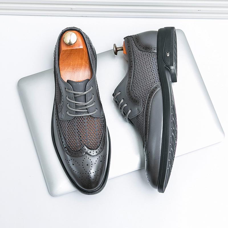 Summer Men Business Dress Shoes Pointed Mesh Breathable Casual Leather Shoes Lace Up Business Block Shoes Sizes 38-46 Men Shoes
