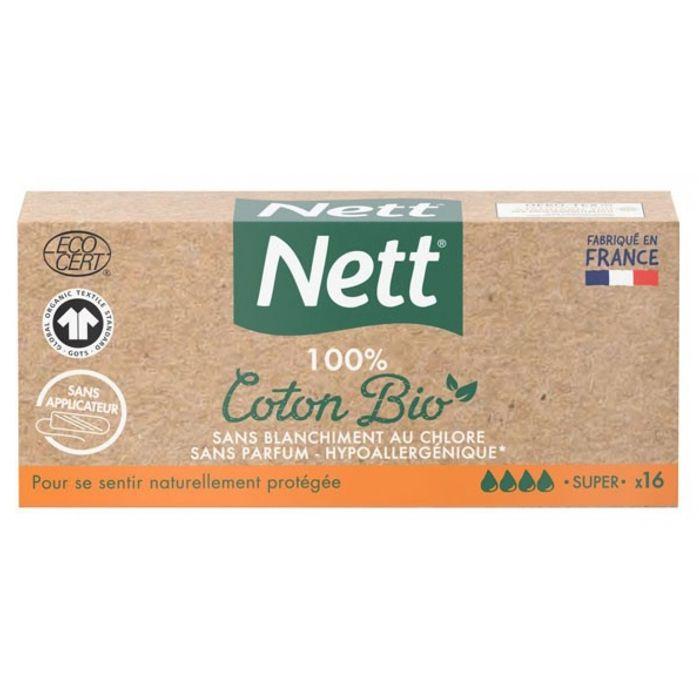 NETT Tampons bio avec applicateur Super (16 unités) - Coton 100% bio, Ecocert GOTS, hypoallergénique