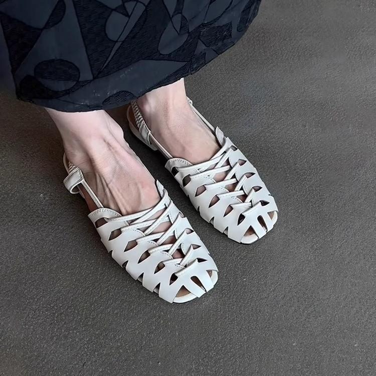 Soft leather version~ square head woven hollow breathable summer sandals women's back strap flat-soled pig cage shoes Baotou Roman shoes