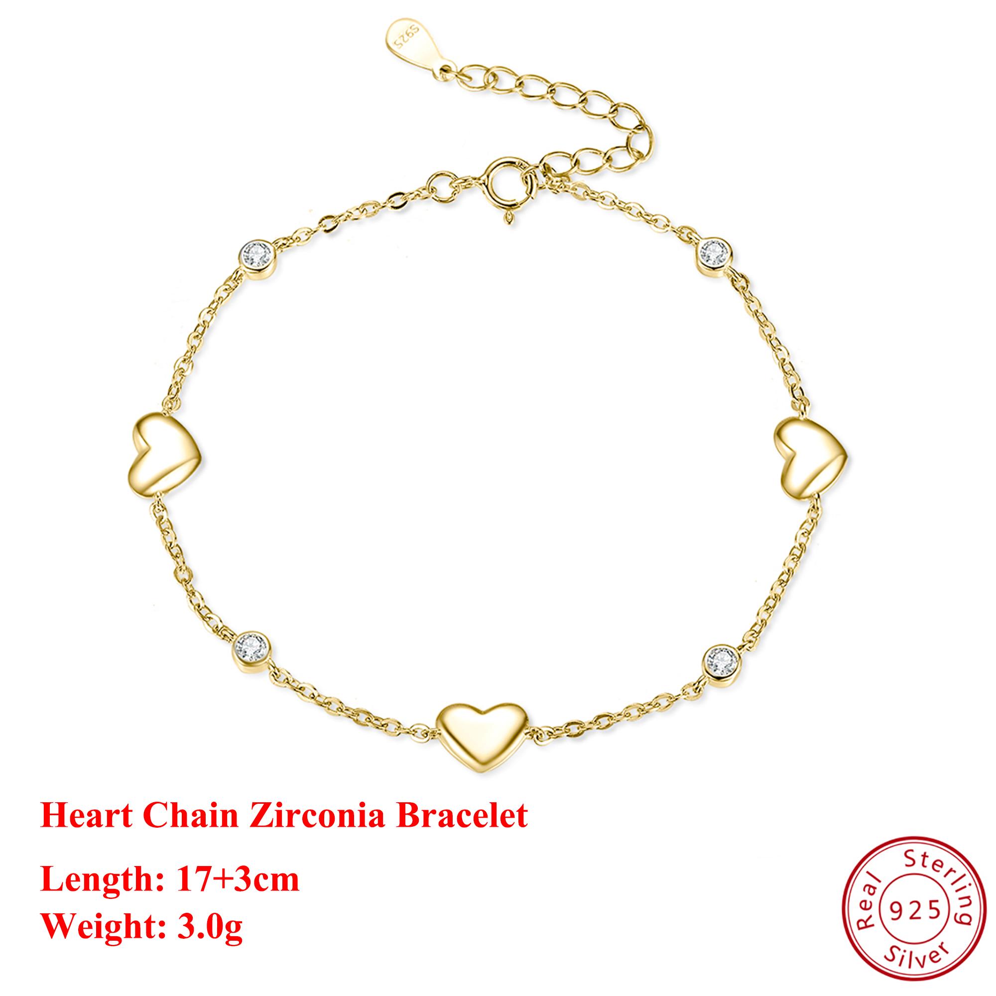 

EFFIE QUEEN 925 Silver 14k Gold Heart Chain Zirconia Bracelet Hand Chain Romantic Jewelry for Women, Lady and Couples Gift SB02