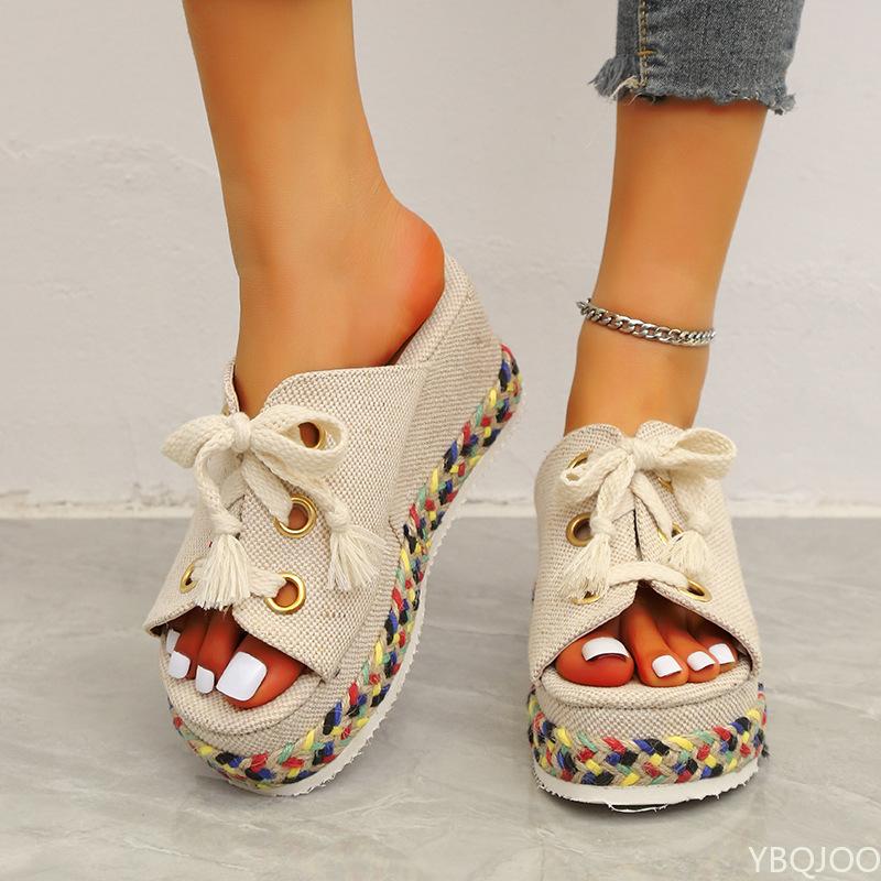 Women Summer Shoes 2026 Summer Lace Up Height Increase Wedge Slippers Women Plus Size Closed Toe Straw Platform Sandals Woman