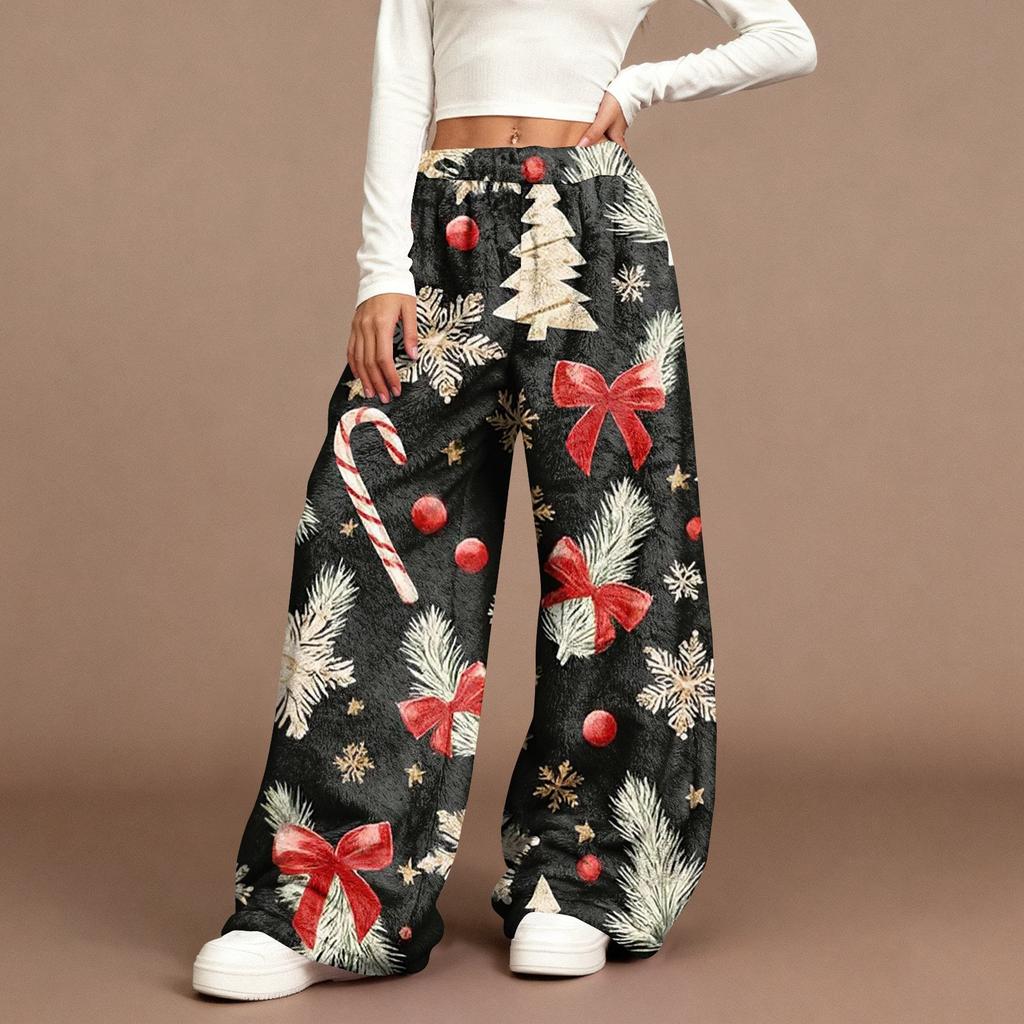 Women's Casual Fashion Christmas Print Elastic Waist Loose Plush Wide Leg Pants