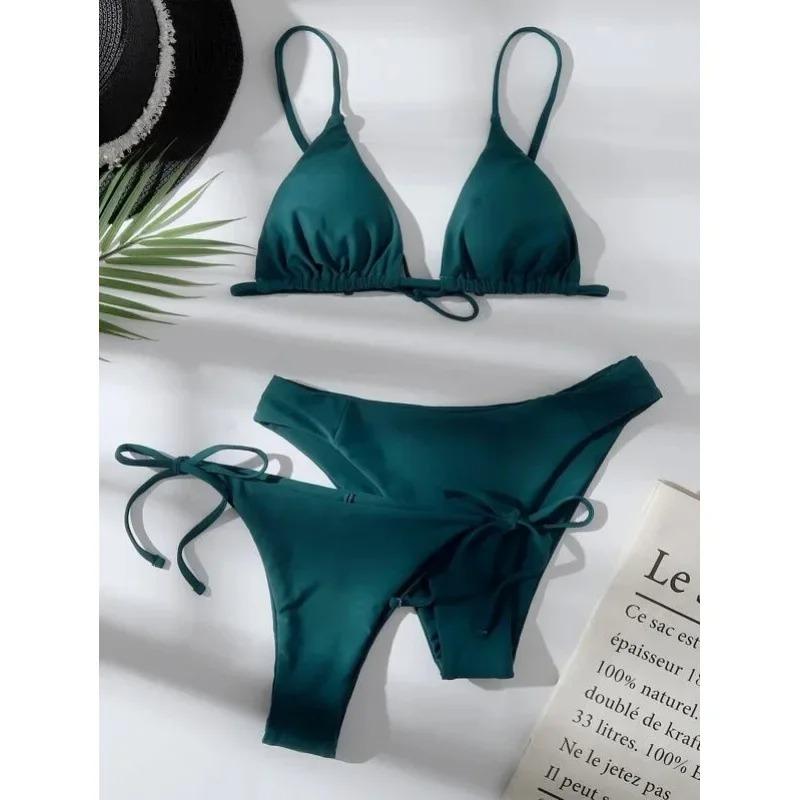 Bikini Sexy 3 Pezzi Donna Monocolore Fascia Divisa Triangolo Costume da Bagno Biquini Brasiliano Femminile Costume da Bagno Estivo per Vacanze in Spiaggia