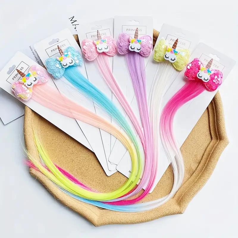 6pcs Creative Cute Cartoon Colorful Sequin Bow Unicorn Decor Hair Extensions Wig Hair Clips Decorative Hair Accessories