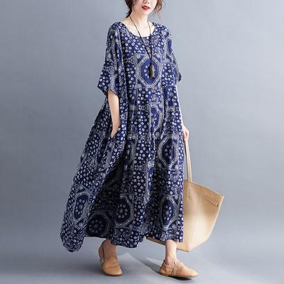 Summer Literature Plus Loose Cotton Linen Printed Short Sleeved Dress Women's Long Casual Dresses