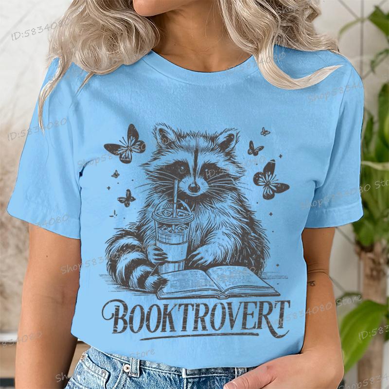 Funny Reading Raccoon Graphic T Shirts Women Booktrovert Essential Classic Tops Casual Book Lover Gift Tee Retro Bookish Clothes