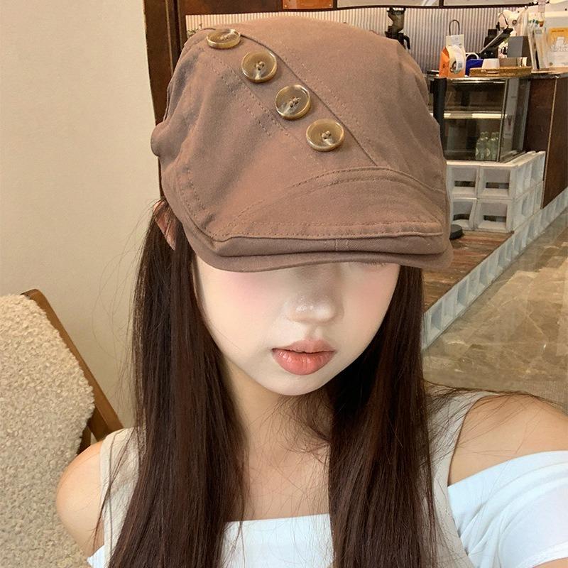 Personalized Retro Button Brown Forward Hat Children Autumn and Winter Spice Girl Big Head Circumference Show Face Small Beret
