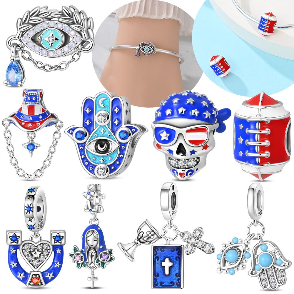 Guardian'S Hand Pendant Blue Football Skull Cross Bead Originalcopper Bead Fit Bracelet Accessory Women Jewelry Diy Gift