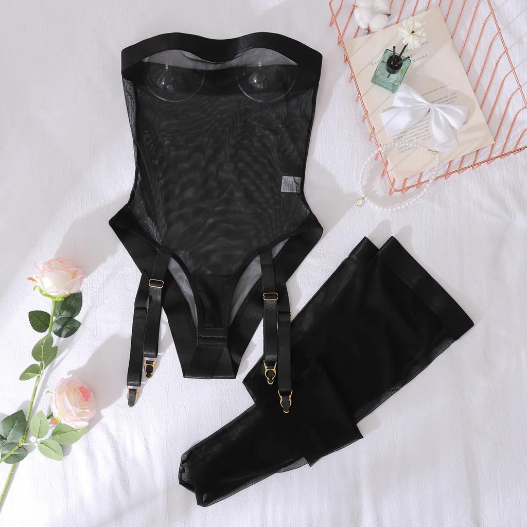 Sexy Adult Mesh Sheer Bodysuit Sexy Lingerie Set Sissy Off Shoulder Party Open Crotch Body Sensual Stocking Club Erotic Costumes