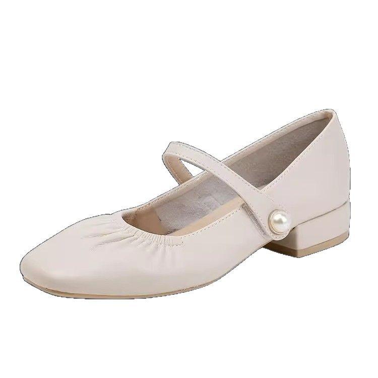 Soft leather pearl French Mary Jane women's shoes 2025 new shallow mouth single shoes spring and autumn middle heel leather gentle shoes