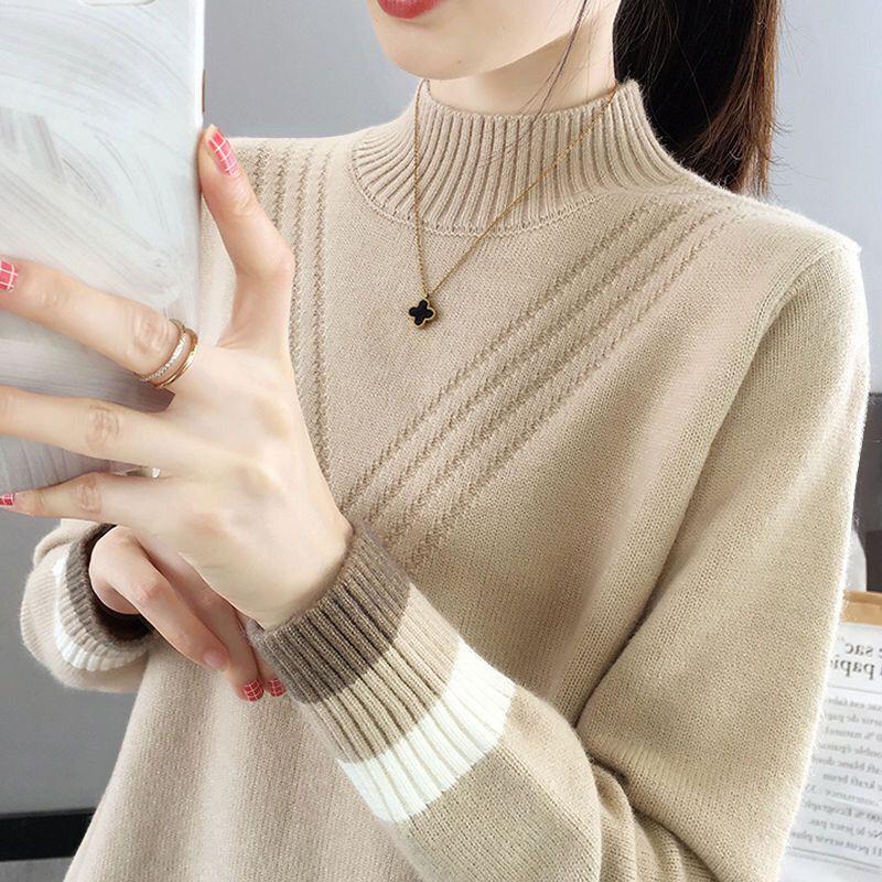 Women's High Neck Sweater Top - 2024 Autumn/Winter Collection, Loose Fit, Knitted Base Layer.