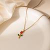 Elegant Titanium Steel Pink Cherry Blossom Necklace with Colorful Drip Glaze Rose Flower, Versatile Women's Clavicle Chain