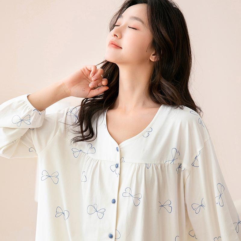 Fenteng [100% cotton] soft V-neck cardigan butterfly casual long sleeved home suit set women's pajamas