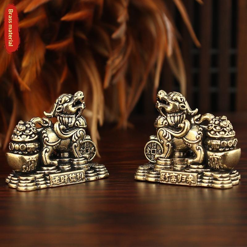 Brass Feng Shui Pixiu Statue Pair Exquisite Workmanship Lucky Ornament for Home Office Desktop Study Room Decor Gift