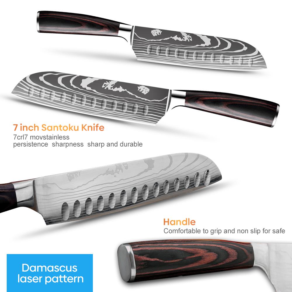 7 Inch Santoku Knife Laser Damascus Stainless Steel Kitchen Knives Professional Chef Knife Full Tang Vegetable Cutting Knife