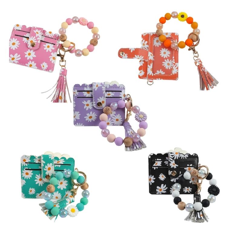 Secure Closure Daisy Beaded Keychain Bracelet Soft PU Leather Women Girls Fashion Accessory