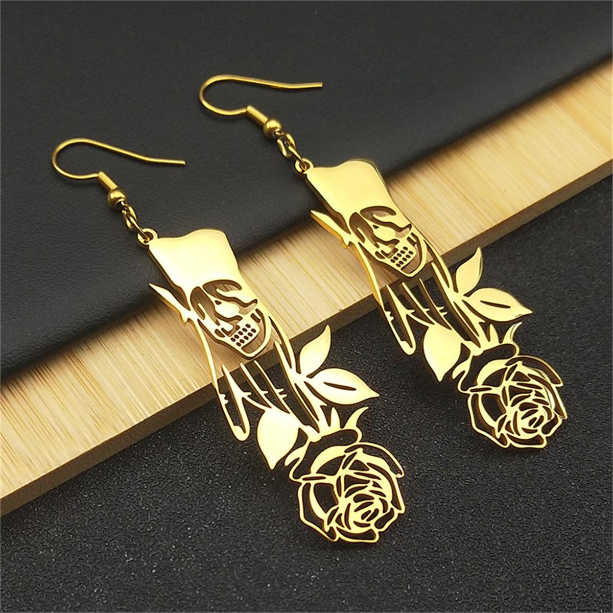 

Модный тренд из титановой стали, индивидуальный череп, перевернутая роза, серьги-капельки, готические серьги из нержавеющей стали, идеально подходящие для дня Хэллоуина золотой