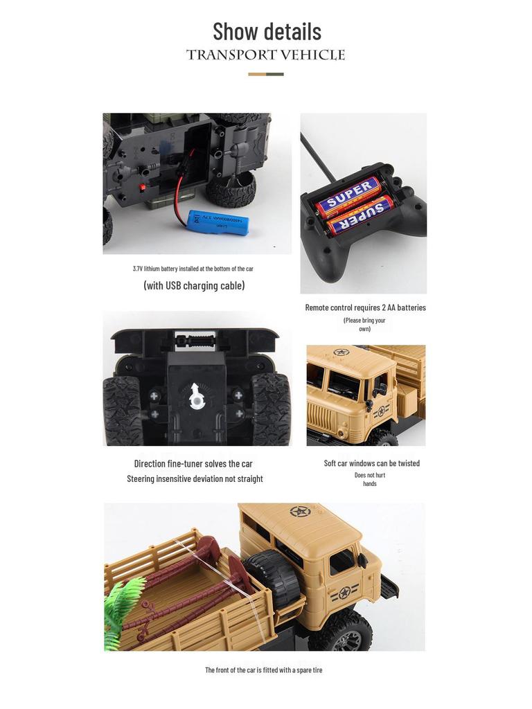 Four-Wheel Drive RC Military Transport Vehicle with USB Charging, LED Lights, and Climbing Rubber Tires