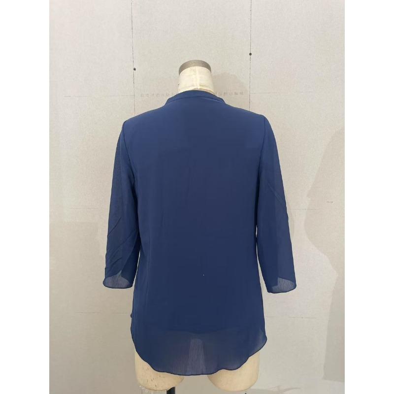 Women V Neck Chiffon Blouse With Split Three Quarter Sleeves Casual Layered Top