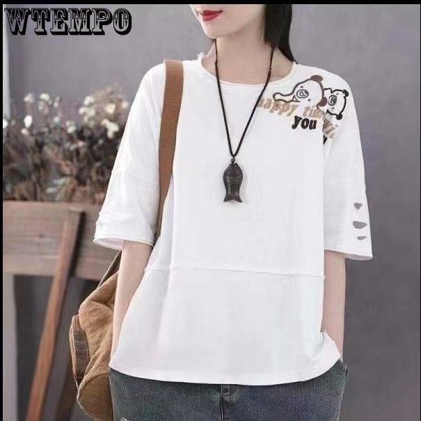 WTEMPO Women's Pure Cotton Round Neck Short Sleeve Large Size Spring and Summer Trend Loose Top Student T-shirt