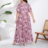 Plus Size Women Floral Print Round Neck Short Sleeve Casual Long Flared Dress
