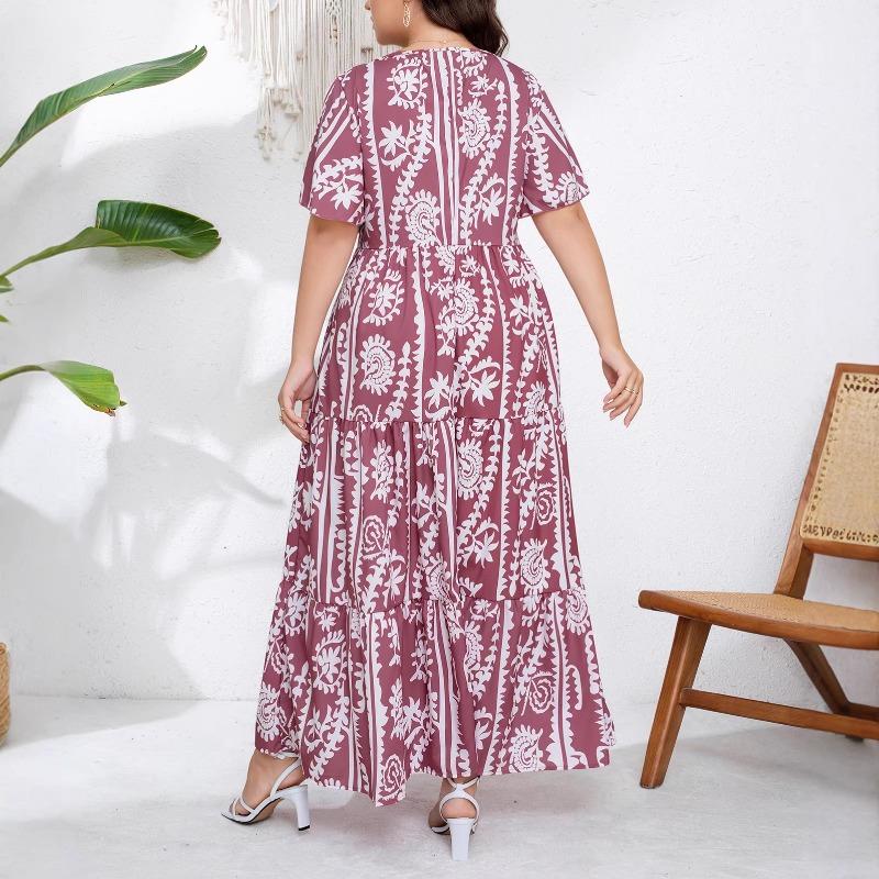 Plus Size Women Floral Print Round Neck Short Sleeve Casual Long Flared Dress