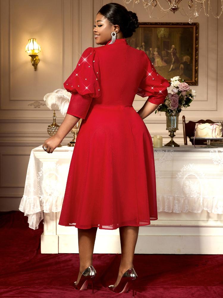Plus Size Half High Collar A Line Midi Dress for Women with Sheer Puff Sleeve Perfect for Weddings Parties or Holiday Gatherings