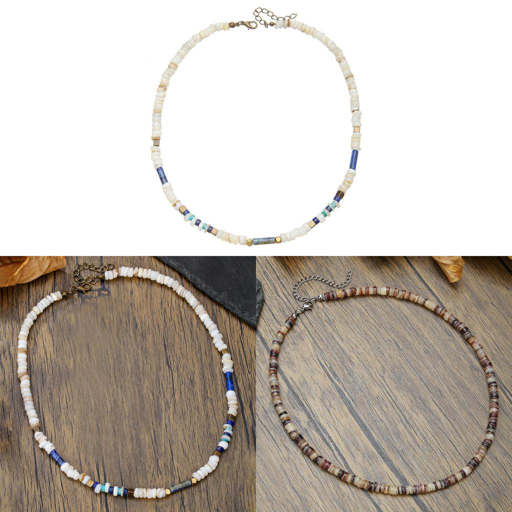 Summer Mens Geometric Shell Bead Necklace With Stainless Steel Chain For Casual Wear