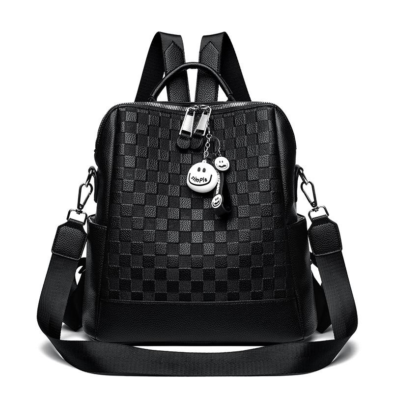 New Embossed Chessboard Plaid Backpack for Women's Bag Genuine Leather Texture Send Pendant Multi-functional Ins Backpack Trendy