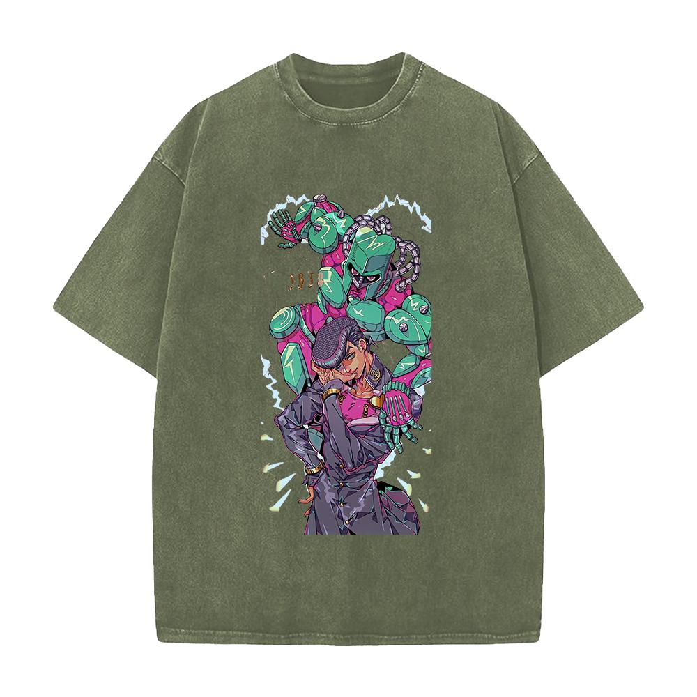 Anime JoJos Bizarre Adventure Higashikata Jousuke Graphic T Shirt Men Casual Cotton Tshirt Vintage Washed Tshirt Harajuku Tops
