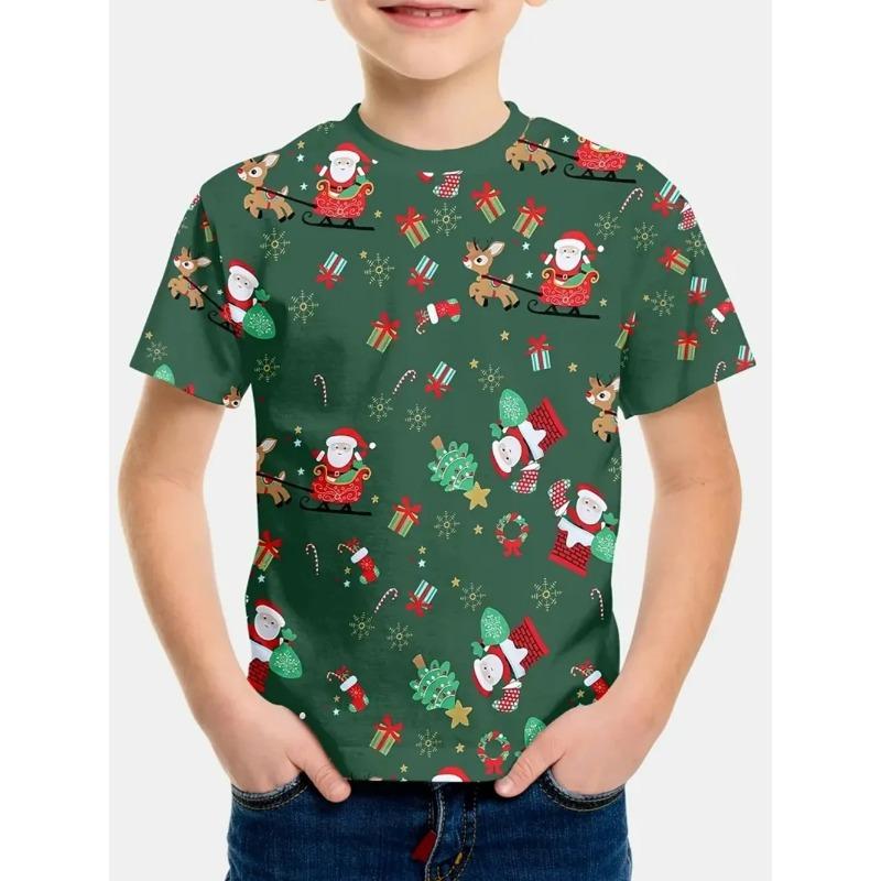 Summer Round Neck 3D Cute Cartoon Christmas Printed T-shirts Fashionable Casual Short Sleeved Children's Boy and Girl Kids Unisex T-shirts