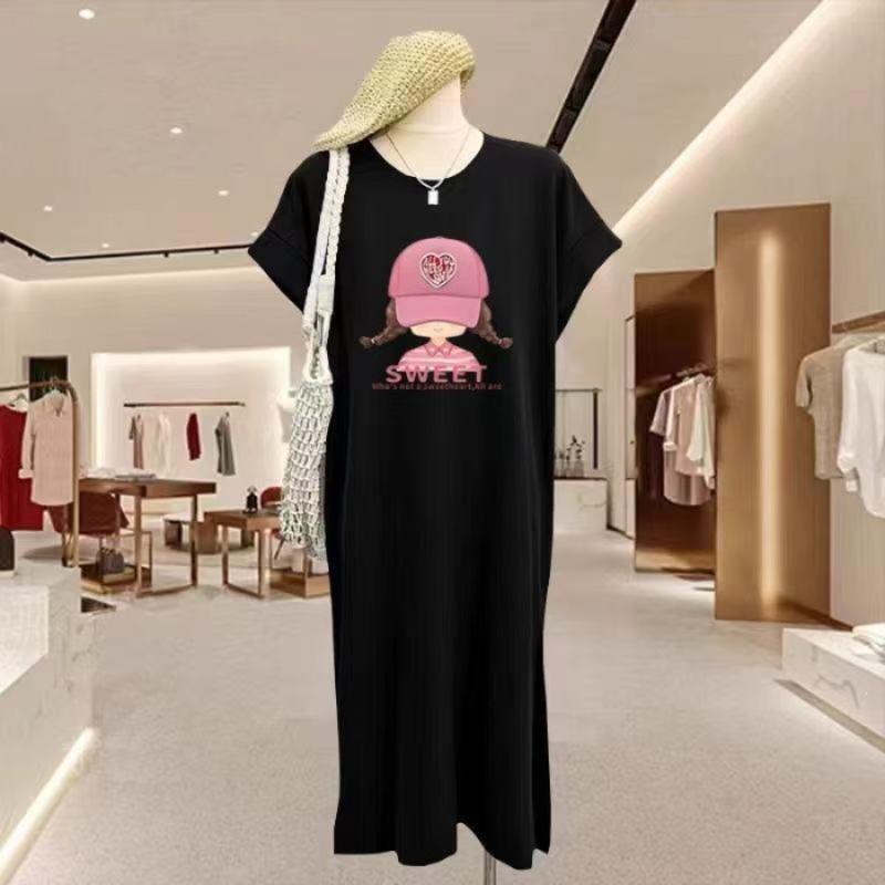 

Summer Short-sleeved Dress, Casual and Laid-back Style, T-shirt Skirt, Loose and Large Size, Knee-length Dress 4XL чорний