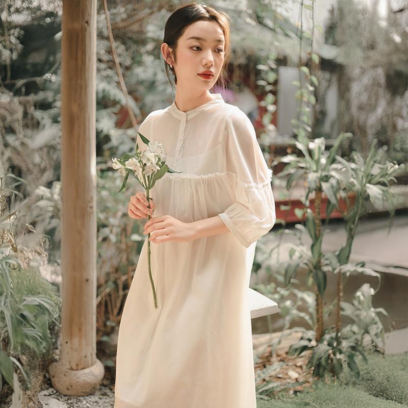 Johnature Women High Waist Casual Dresses Stand Nine Sleeve Solid Color Soft Cloth Summer Loose A-Line Dress