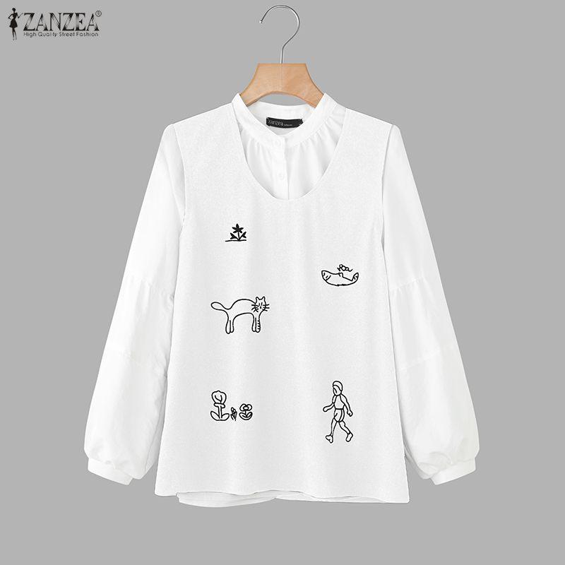 ZANZEA Women Casual Round Neck Long Sleeve Patchwork Blouse