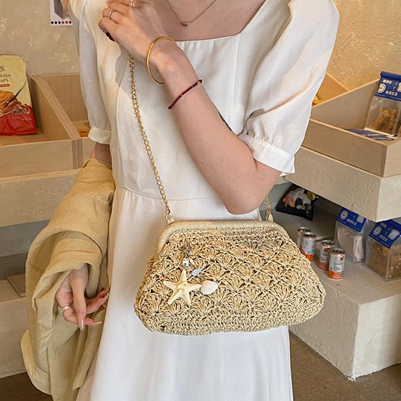 Yogodlns Women Straw Shoulder Bag Chain Strap Woven Crossbody Bags Large Capacity Cloud Clutch Purse Stylish Solid Color Beach Handbags