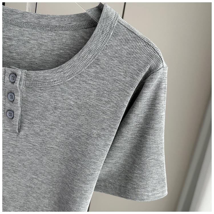 Women Modal Ribbed Button Round Neck Short Sleeve Tee Slim Base Top Spring Summer