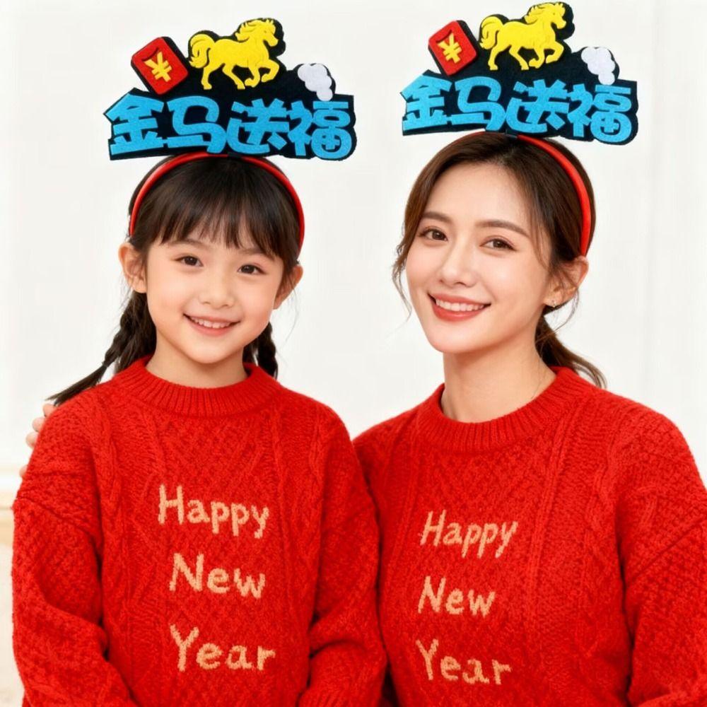 Cartoon 2026 Happy New Year Headband Red New Year Headdress Kawaii Horse Year Hairband Children