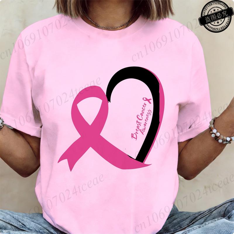 T-shirt a maniche corte da donna Maglietta Consapevolezza Cancro al Seno Nastro Rosa Maglietta con Stampa Abbigliamento Donna T Shirt Harajuku