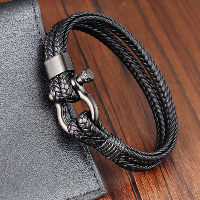 Vintage Double Layer Horseshoe Buckle Leather Rope Bracelet Men Personality Leather Bangle