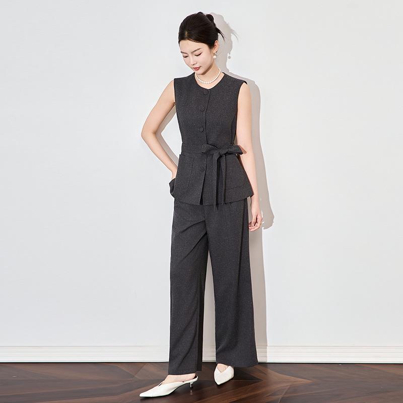 

South Oil Fashion Linen Lace-Up Waistcoat & Wide-Leg Pants Set Small серый